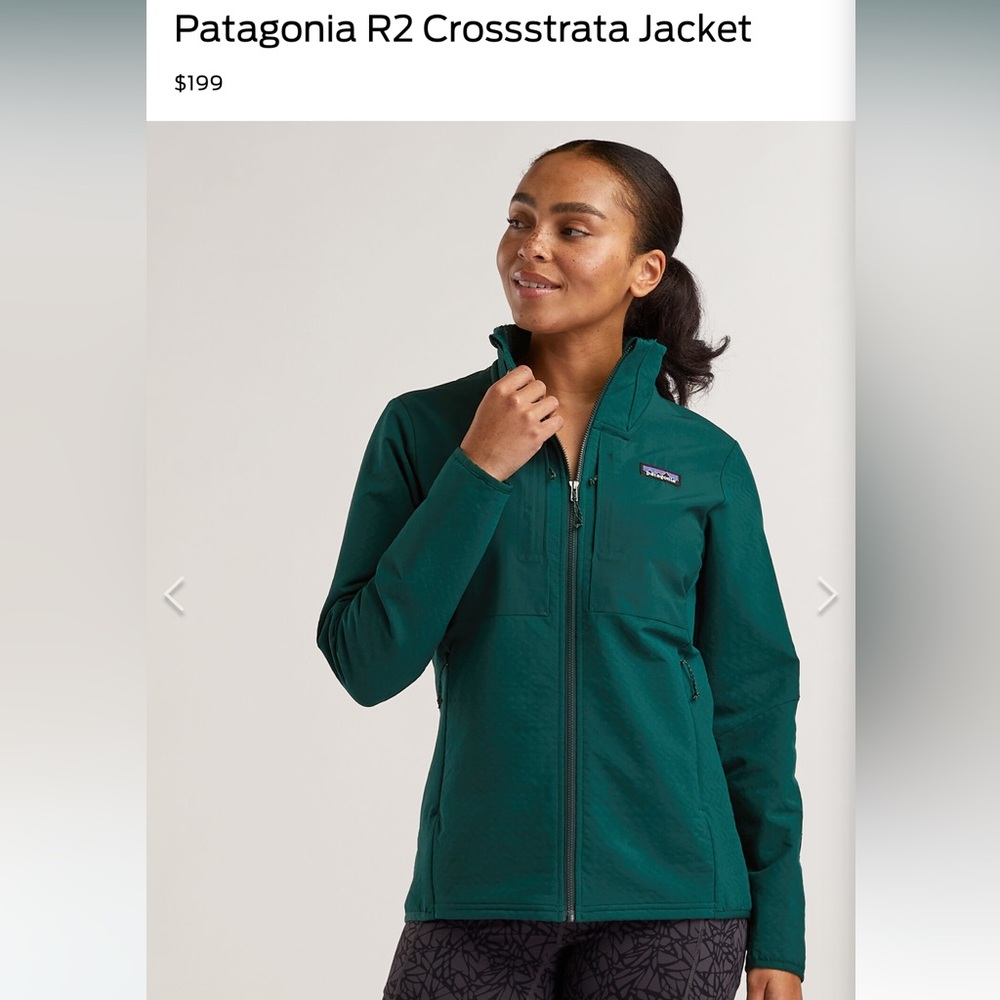 Patagonia Women's Teal Jade fitted zipper fleece Jacket, side and arm pockets.